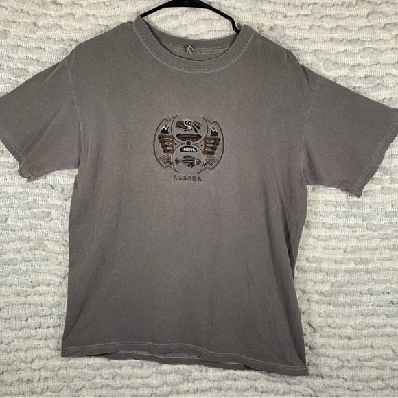 VTG WOMENS LARGE ALASKA SHIRT BROWN EMBROIDERED FISH SEA BIRD STATE - Picture 1 of 13